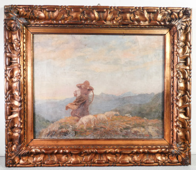 Dipinto ottocentesco a olio raffigurante una Scena pastorale fra le montagne, in cornice riccamente scolpita e dorata. Italia, Ottocento
