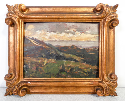 Dipinto a olio in bella cornice depoca gessata e dorata. Italia, Ottocento
