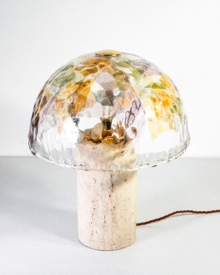 ?? LAMPADA LA MURRINA VETRO SOFFIATO MURANO DA TAVOLO ABAT JOUR BASE TRAVERTINO