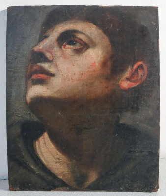 Ritratto di uomo firmato CARNEO il Vecchio in carta applicata a legno. Fine 1500 Primo 1600
